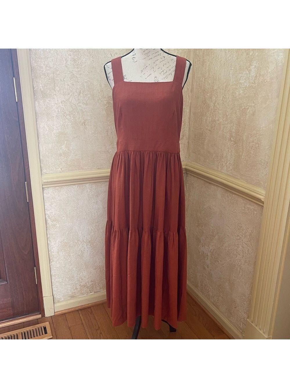 Ann Taylor Square Neck Midi Tiered Linen Blend Dress Sleeveless Summer Sz 12 - Picture 3 of 11